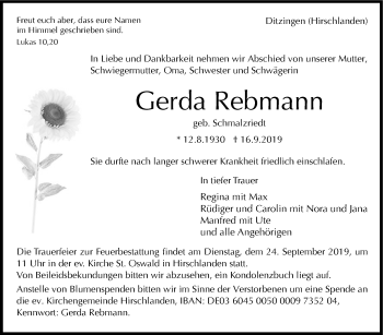 Traueranzeige von Gerda Rebmann von Leonberger Kreiszeitung / Strohgäu Extra