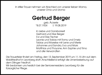 Traueranzeige von Gertrud Berger von Leonberger Kreiszeitung / Strohgäu Extra
