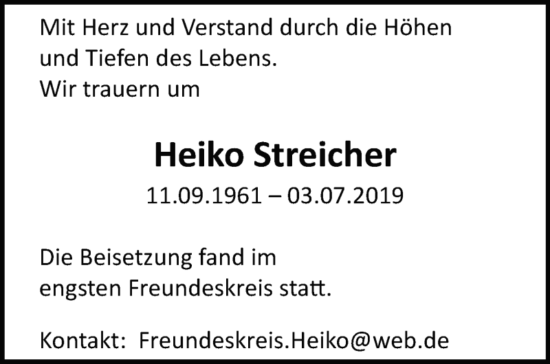  Traueranzeige für Heiko Streicher vom 20.09.2019 aus Leonberger Kreiszeitung / Strohgäu Extra