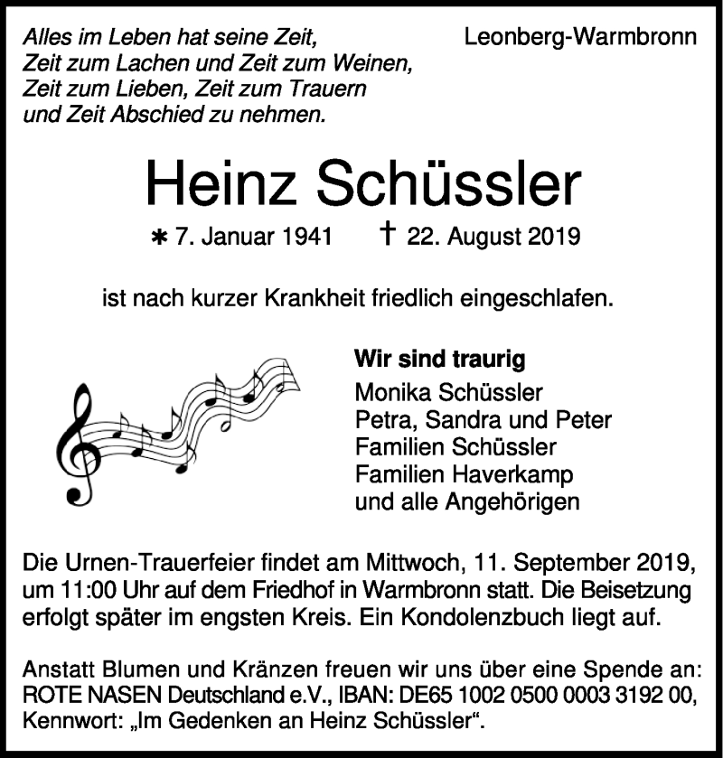  Traueranzeige für Heinz Schüssler vom 06.09.2019 aus Leonberger Kreiszeitung / Strohgäu Extra