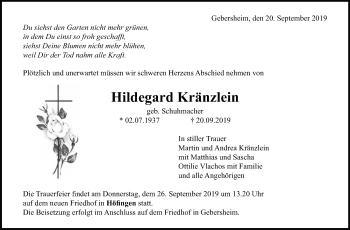 Traueranzeige von Hildegard Kränzlein von Leonberger Kreiszeitung / Strohgäu Extra