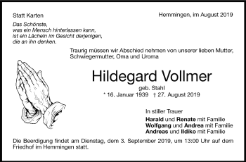 Traueranzeige von Hildegard Vollmer von Leonberger Kreiszeitung / Strohgäu Extra