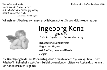 Traueranzeige von Ingeborg Konz von Leonberger Kreiszeitung / Strohgäu Extra