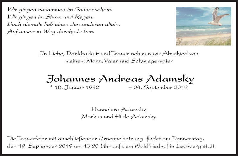  Traueranzeige für Johannes Andreas Adamsky vom 14.09.2019 aus Leonberger Kreiszeitung / Strohgäu Extra
