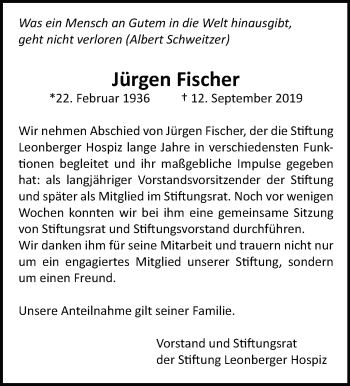 Traueranzeige von Jürgen Fischer von Leonberger Kreiszeitung / Strohgäu Extra