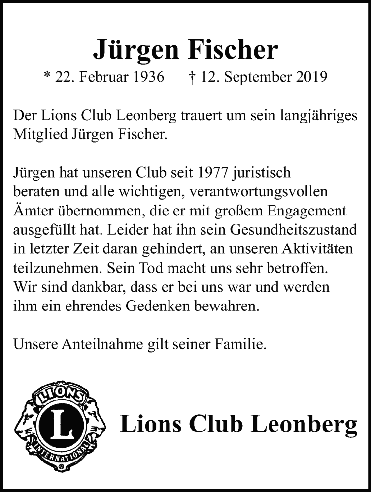  Traueranzeige für Jürgen Fischer vom 21.09.2019 aus Leonberger Kreiszeitung / Strohgäu Extra