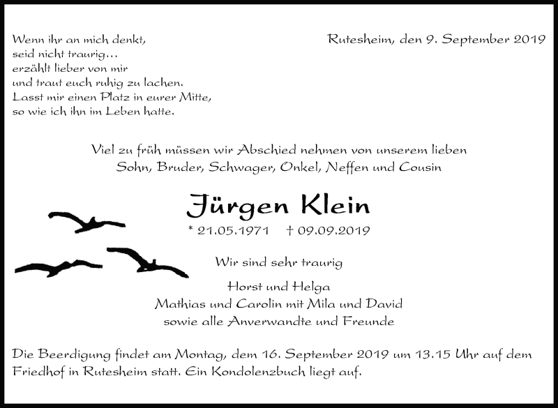  Traueranzeige für Jürgen Klein vom 13.09.2019 aus Leonberger Kreiszeitung / Strohgäu Extra