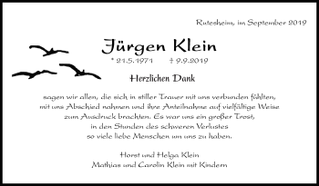 Traueranzeige von Jürgen Klein von Leonberger Kreiszeitung / Strohgäu Extra