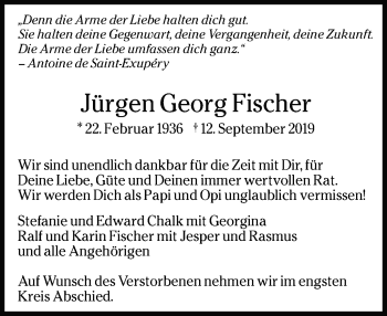 Traueranzeige von Jürgen Georg Fischer von Leonberger Kreiszeitung / Strohgäu Extra