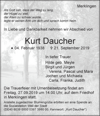 Traueranzeige von Kurt Daucher von Leonberger Kreiszeitung / Strohgäu Extra