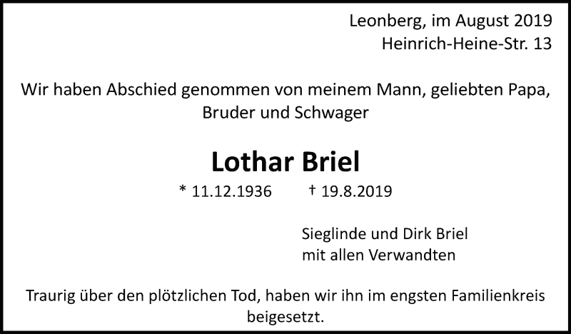  Traueranzeige für Lothar Briel vom 31.08.2019 aus Leonberger Kreiszeitung / Strohgäu Extra