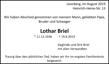 Traueranzeige von Lothar Briel von Leonberger Kreiszeitung / Strohgäu Extra