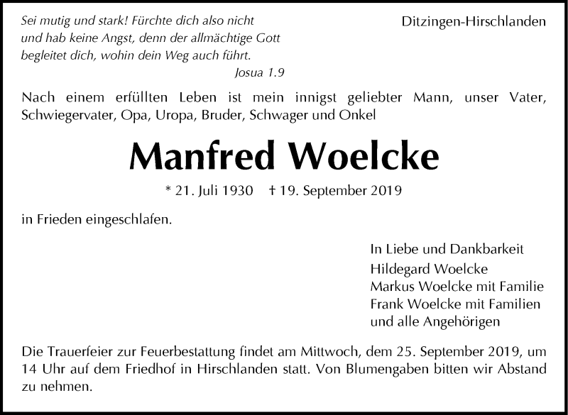  Traueranzeige für Manfred Woelcke vom 23.09.2019 aus Leonberger Kreiszeitung / Strohgäu Extra