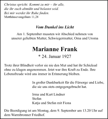 Traueranzeige von Marianne Frank von Leonberger Kreiszeitung / Strohgäu Extra