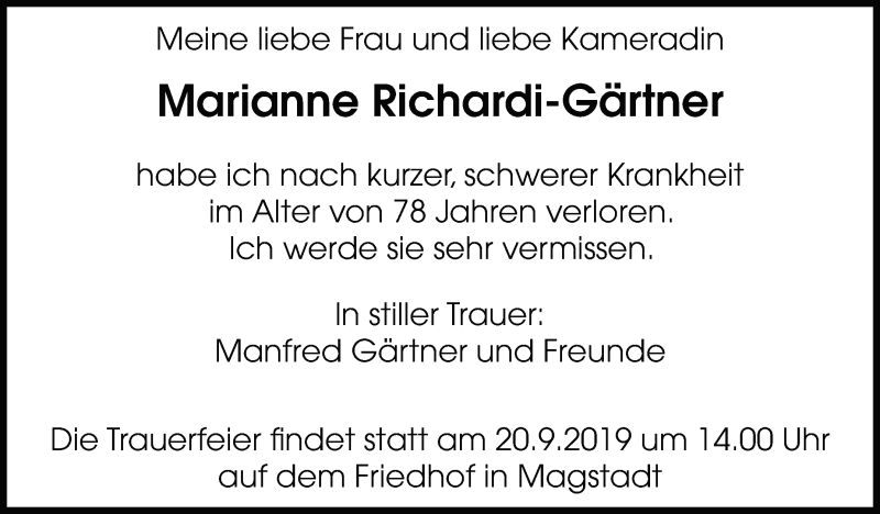  Traueranzeige für Marianne Richardi-Gärtner vom 13.09.2019 aus Leonberger Kreiszeitung / Strohgäu Extra