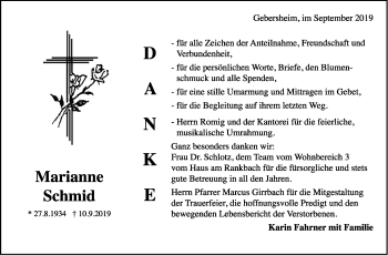 Traueranzeige von Marianne Schmid von Leonberger Kreiszeitung / Strohgäu Extra