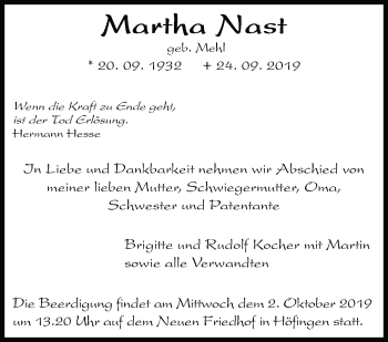 Traueranzeige von Martha Nast von Leonberger Kreiszeitung / Strohgäu Extra