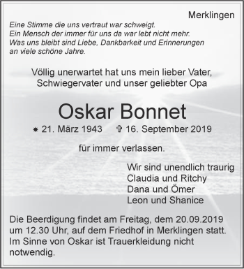 Traueranzeige von Oskar Bonnet von Leonberger Kreiszeitung / Strohgäu Extra