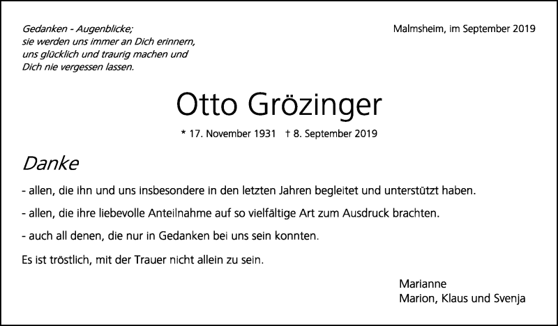  Traueranzeige für Otto Grözinger vom 26.09.2019 aus Leonberger Kreiszeitung / Strohgäu Extra