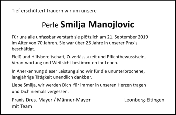 Traueranzeige von Perle Smilja Manojlovic von Leonberger Kreiszeitung / Strohgäu Extra