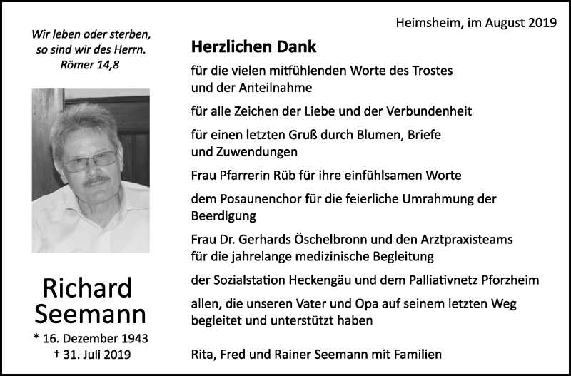  Traueranzeige für Richard Seemann vom 05.09.2019 aus Leonberger Kreiszeitung / Strohgäu Extra
