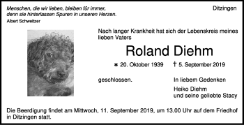 Traueranzeige von Roland Diehm von Leonberger Kreiszeitung / Strohgäu Extra