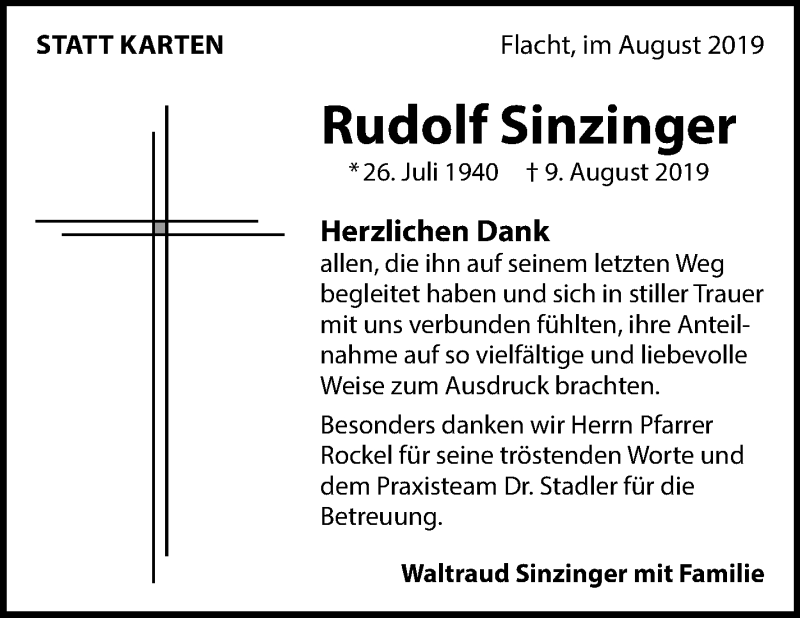  Traueranzeige für Rudolf Sinzinger vom 31.08.2019 aus Leonberger Kreiszeitung / Strohgäu Extra