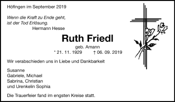 Traueranzeige von Ruth Friedl von Leonberger Kreiszeitung / Strohgäu Extra
