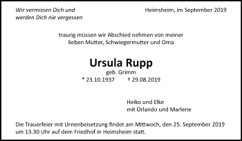 Traueranzeige von Ursula Rupp von Leonberger Kreiszeitung / Strohgäu Extra