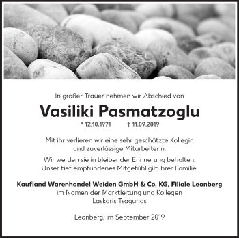 Traueranzeige von Vasiliki Pasmatzoglu von Leonberger Kreiszeitung / Strohgäu Extra