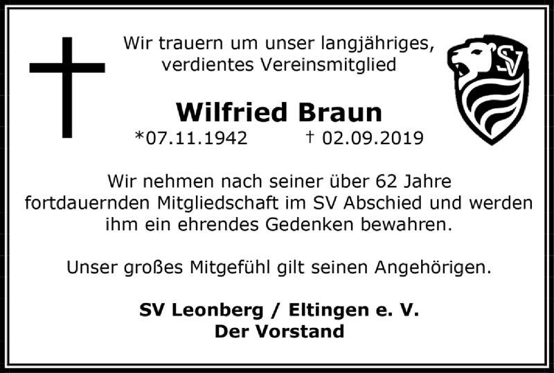 Traueranzeige für Wilfried Braun vom 10.09.2019 aus Leonberger Kreiszeitung / Strohgäu Extra