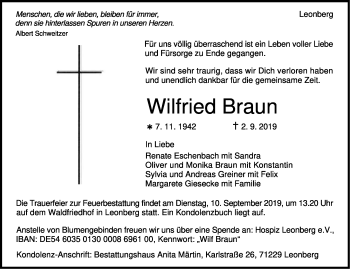 Traueranzeige von Wilfried Braun von Leonberger Kreiszeitung / Strohgäu Extra