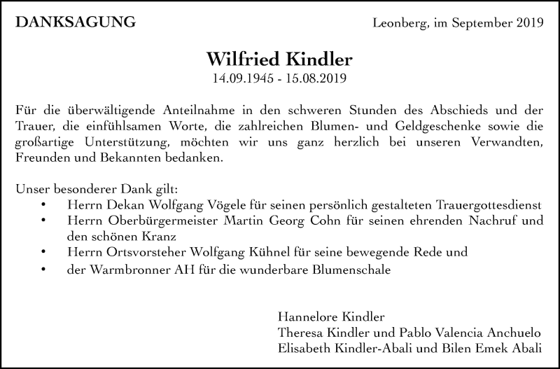  Traueranzeige für Wilfried Kindler vom 05.09.2019 aus Leonberger Kreiszeitung / Strohgäu Extra