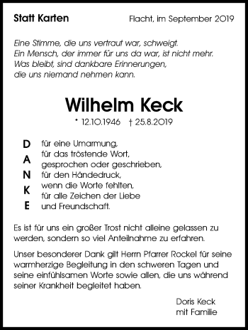 Traueranzeige von Wilhelm Keck von Leonberger Kreiszeitung / Strohgäu Extra
