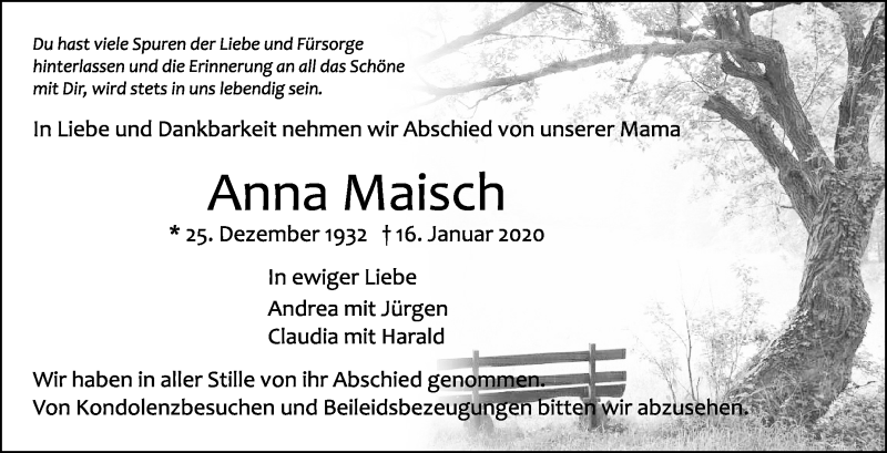  Traueranzeige für Anna Maisch vom 25.01.2020 aus Leonberger Kreiszeitung / Strohgäu Extra