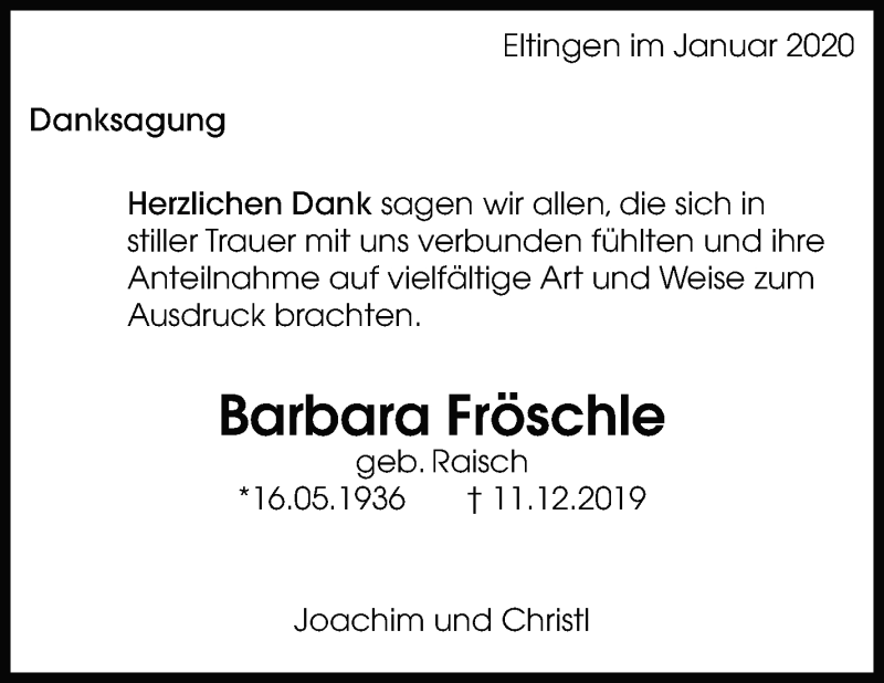  Traueranzeige für Barbara Fröschle vom 18.01.2020 aus Leonberger Kreiszeitung