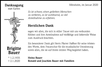 Traueranzeige von Brigitte Bauer von Leonberger Kreiszeitung / Strohgäu Extra