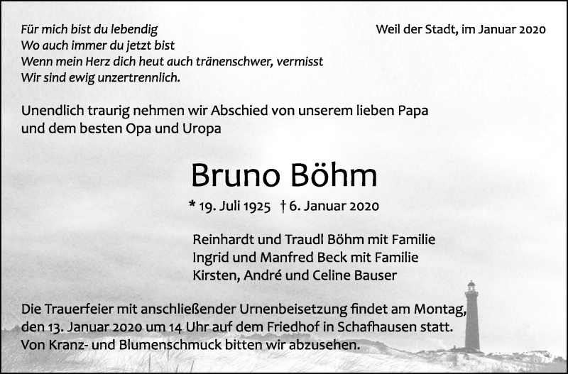  Traueranzeige für Bruno Böhm vom 09.01.2020 aus Leonberger Kreiszeitung