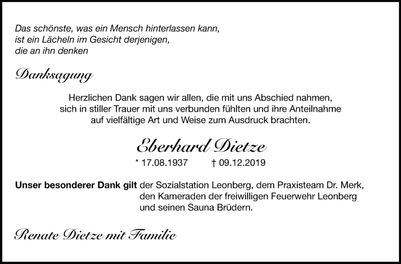  Traueranzeige für Eberhard Dietze vom 11.01.2020 aus Leonberger Kreiszeitung