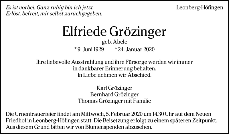  Traueranzeige für Elfriede Grözinger vom 31.01.2020 aus Leonberger Kreiszeitung / Strohgäu Extra