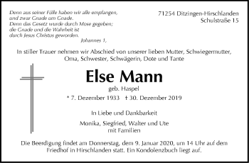 Traueranzeige von Else Mann von Leonberger Kreiszeitung