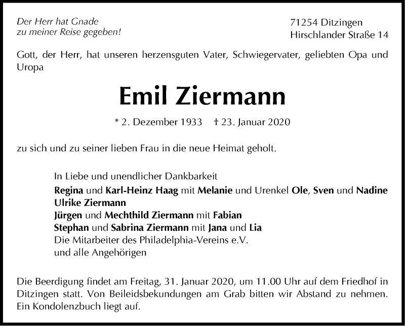  Traueranzeige für Emil Ziermann vom 29.01.2020 aus Leonberger Kreiszeitung / Strohgäu Extra