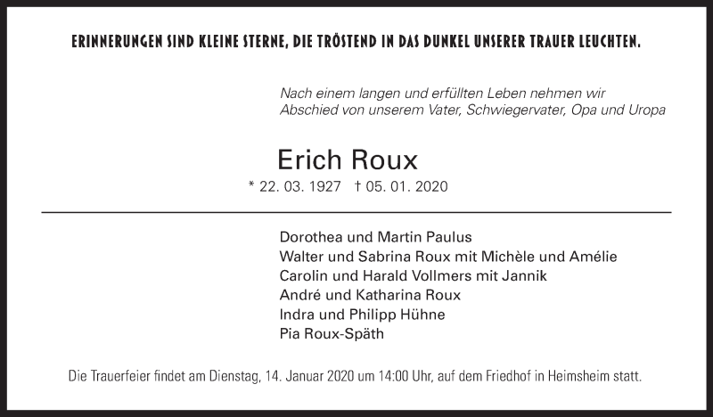  Traueranzeige für Erich Roux vom 08.01.2020 aus Leonberger Kreiszeitung