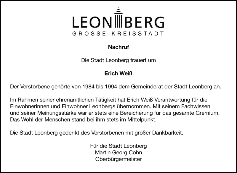  Traueranzeige für Erich Weiß vom 22.01.2020 aus Leonberger Kreiszeitung / Strohgäu Extra