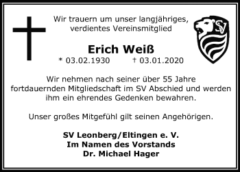 Traueranzeige von Erich Weiß von Leonberger Kreiszeitung / Strohgäu Extra