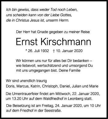 Traueranzeige von Ernst Kirchmann von Leonberger Kreiszeitung