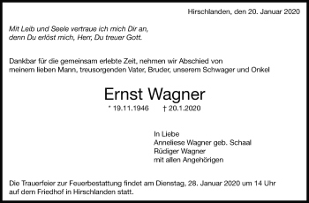 Traueranzeige von Ernst Wagner von Leonberger Kreiszeitung / Strohgäu Extra