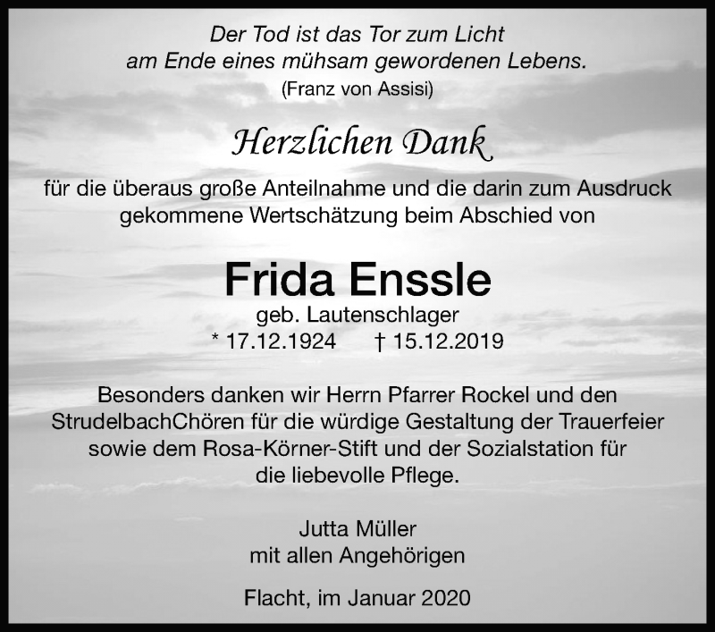  Traueranzeige für Frida Enssle vom 04.01.2020 aus Leonberger Kreiszeitung