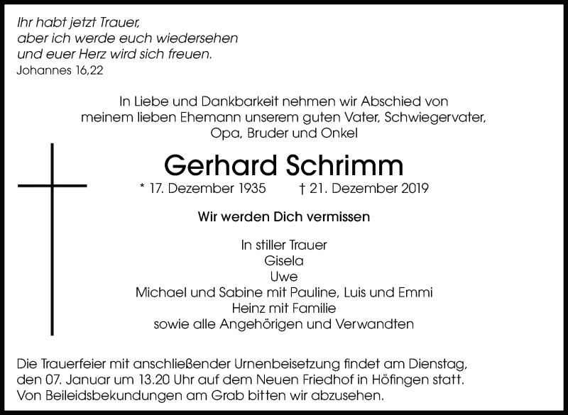  Traueranzeige für Gerhard Schrimm vom 03.01.2020 aus Leonberger Kreiszeitung / Strohgäu Extra