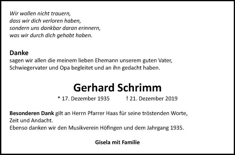 Traueranzeige für Gerhard Schrimm vom 27.01.2020 aus Leonberger Kreiszeitung / Strohgäu Extra